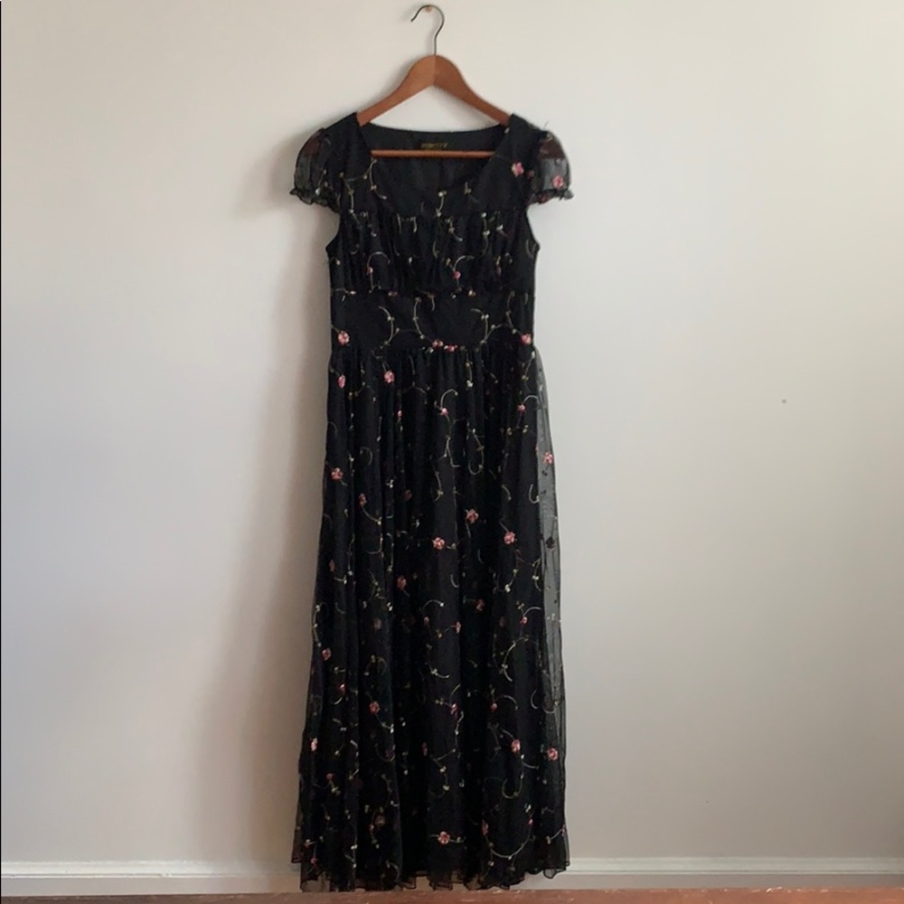 Long black flower print dress
